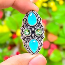 Anillo Joyería Regalo Plata Esterlina 925 Piedras Preciosas Calcedonia Aqua Talla 7.5 f198