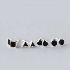 Pendientes Pequeños Negro Geométrico Corazón Plata de Ley 925 Mujer Hombre