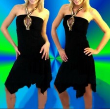 Sexy Miss Mujer Cuello Salsa Girly Mini Vestido 34/36/38 Negro Lentejuelas Oro