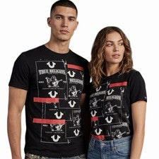 $69 TRUE RELIGION Camiseta Negra BUDDHA TAPE Manga Corta Diseñador Gráfico Nueva con Etiquetas