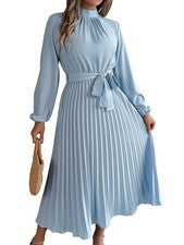 Vestido para mujer manga larga plisado informal semi formal cuello falso línea A fluido3718