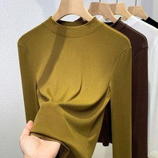 Blusa Top Camisa Moda Cuello Alto Mangas Largas Elastizada Calce Ajustado para Mujer