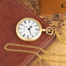 Reloj Bolsillo Analógico Cuarzo Cara Abierta Dorado con Collar Cadena para Hombre Mujer