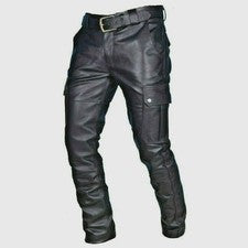 Pantalón Para Hombre Cuero de Vaca Genuino Negro Estilo Carga Bolsillos Informal y Pantalón Motociclista