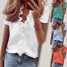 Verano Nueva Moda Para Mujer Manga Corta Color Sólido Volantes Camisa Blusa