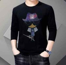 Nueva Camiseta Larga Hombre Lujo Estrás Moda Diamante Negra Alta Calidad