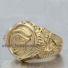 Anillo Para Hombres Oro Egipto Faraón Ojo de Horus Ra Acero Inoxidable Talla 7-15