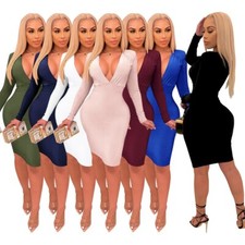 Sexy Vestido ceñido al cuerpo para mujer Dama Vestido de baile Discoteca Cuello en V Noche Fiesta Vestidos