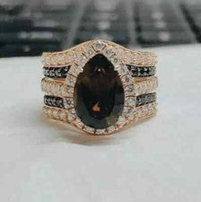Conjunto de anillo de diamantes multicolor creado en laboratorio corte pera de 3 quilates enchapado en oro rosa de 14 qu