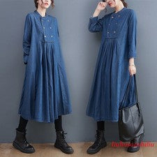 Vestido vaquero para mujer de longitud media informal manga larga doble pecho moda