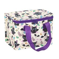 Bolsa de almuerzo aislada negra con estampado de alas de gato asas moradas 21 cm nueva