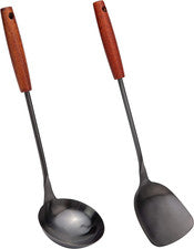 Juego Espatula y Cucharon Wok 36-38cm Utensilios Cocina Acero Inoxidable