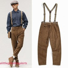 Pantalones rectos de pana estilo británico para hombre Pantalones con tirantes Pantalones de trabajo retro
