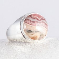 a Anillo de plata, sello, rodocrosita, cabujón, redondo, bonito dibujo, tamaño: 61