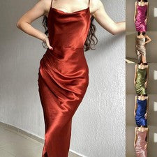 Vestido satinado de copa baja con tirantes nuevo ajustado sin espalda elegante maxi