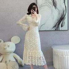 Vestido midi de sirena paquete de cadera falbala cuello en V encaje guipur de moda para mujer