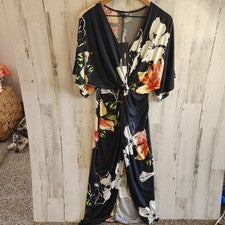 Moda Nova Mujer Maxi Vestido S Pequeño Negro Floral Envolvente Dividido Manga Corta