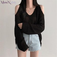 Moda Para Mujer Elegante Cuello en V Hueco Sin Tirantes Suelto Informal Manga Larga Tejido Top