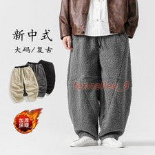 Pantalones informales retro cálidos estilo chino gruesos de lana de cordero imitación talla grande para hombre