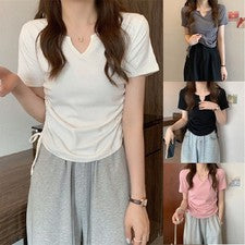 Moda Vacaciones Mujer Camiseta Top Ligera Elástica Monocromática Verano
