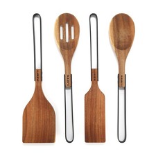 Juego de utensilios de cocina de madera de acacia mango de acero inoxidable resistente a arañazos