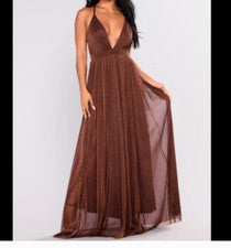 NUEVO CON ETIQUETAS - Maxi Vestido Para Mujer Corte en V Largo Marrón/Óxido Talla S