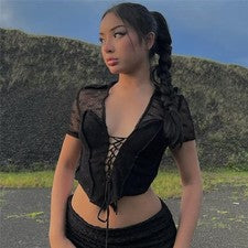 Camiseta Prendas para el torso Para Mujer Moda Tendencia Cuello en V Simple Lunares Con Cordones Manga Corta