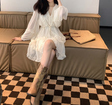 Vestido de gasa albaricoque manga linterna cuello en V senior de moda y elegante para mujer