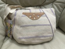 Bolso Cartera De Lona Playa Rayas Rayas Años 80 90 VNT Tamaño Mediano Cuero Acentos
