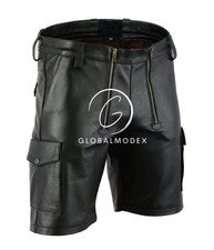Pantalones Cortos Hombre Negro Cuero Genuino Estilo Carga Cremallera Frontal Cuero Real