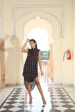 Vestido negro para mujer estampado geométrico cuello cerradura ligero informal ropa de verano
