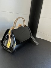 La Terre Negro Mujer Vegano Bolso de Mano Cartera Joya Cierre a Presión Mango y Correa 12"