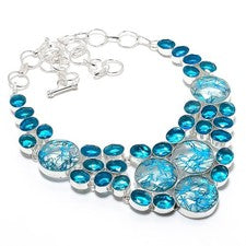 Collar Joyería Hecho a Mano Cuarzo Rutilo Azul, Topacio Azul Piedras Preciosas 18"