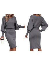 Pullover midi lápiz ceñido al cuerpo formal cintura alta manga larga linterna para mujer7425