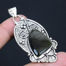 Plata Brillo Obsidiana Piedra preciosa Hecho a mano 925 Plata Joyería...