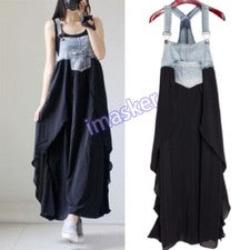 Moda Para Mujer Verano Informal Denim Empalme Gasa Maxi Vestido Largo M~3XL