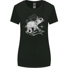 Camiseta estilo sacro elefante meditación tatuaje arte mujer corte ancho