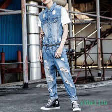 Conjunto de camisola sin mangas de hip hop para hombre verano de mezclilla rasgada monos mamelucos pantalón