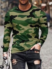 Camiseta manga larga estampado camuflaje camiseta novedosa única cuello redondo