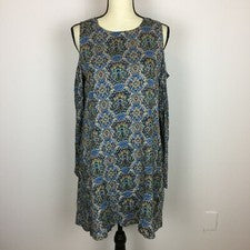 NUEVO CON ETIQUETAS Moda Vestido Union Shift M Mujer Hombro Frío Manga Larga Azul Paisley