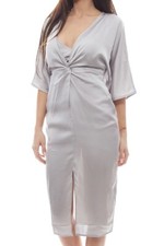 Vestido Kimono, Elegante Mujer Vestido Midi Aspecto Satinado, Plata, Talla 38