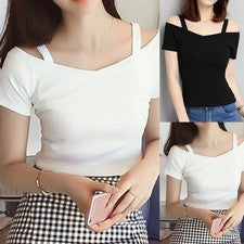 Mujer Verano Moda Top Sin Hombros Manga Corta Sólida Camiseta Estilo
