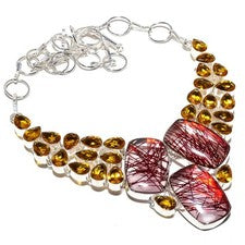 Collar Joyería Hecho a Mano Cuarzo Rutilo Rojo, Piedras Preciosas Citrino 18"