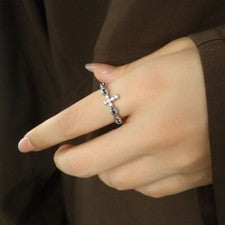 Impresionante Anillo Ajustable Cruz Cristal Plata de Ley 925 Mujeres Niñas Joyería