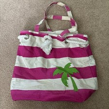 Nuevo Bolso Libro Barnes & Noble Bolso de Mano Lona Rosa y Blanco Cuerda Corbata Palmera Playa