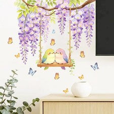 Calcomanía de PVC autopegada de flores de glicinia pájaro para decoración de interiores del hogar