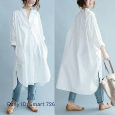 Camisa de vestir blanca de algodón para mujer maxi suelta larga informal con botones moda coreana OL