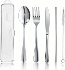 Juego de 5 utensilios de viaje con estuche reutilizable de acero inoxidable kit de cubiertos camping