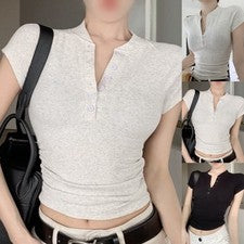 Camiseta Top Para Mujer Verano Ajustada Sólida Manga Corta Medio Cuello Abierto Botón Top