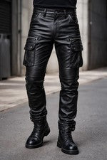 Pantalón negro de cuero de vaca genuino para hombre estilo cargo bolsillo motociclista calce ajustado